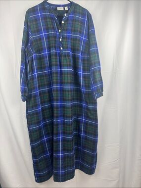 LL Bean Women’s Scotch Plaid Flannel Nightgown Blue Green Plus Size 1X Soft